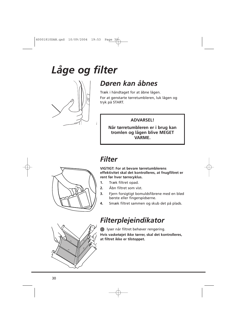 Låge og filter, Døren kan åbnes, Filter | Filterplejeindikator | Candy AB CDC 779 X  86 SY User Manual | Page 30 / 92