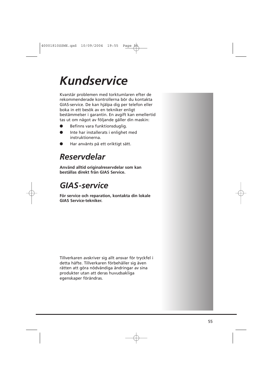 Kundservice, Reservdelar, Gias-service | Candy AB CDC 779 X  86 SY User Manual | Page 55 / 92