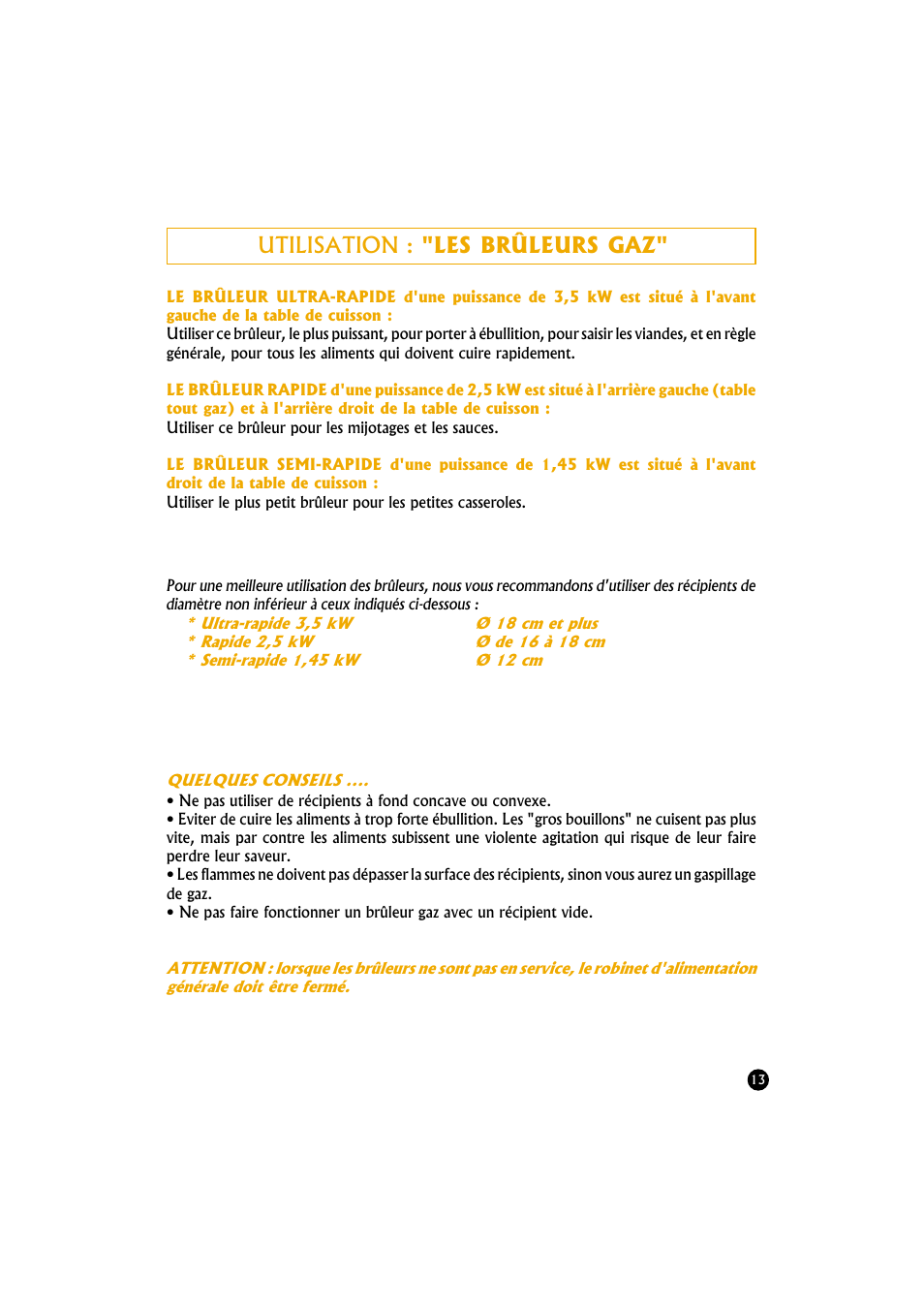 Utilisation : "les brûleurs gaz | Candy TR 40 RUV User Manual | Page 13 / 56