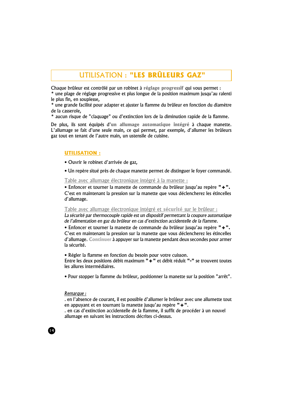 Utilisation : "les brûleurs gaz | Candy TR 40 RUV User Manual | Page 14 / 56
