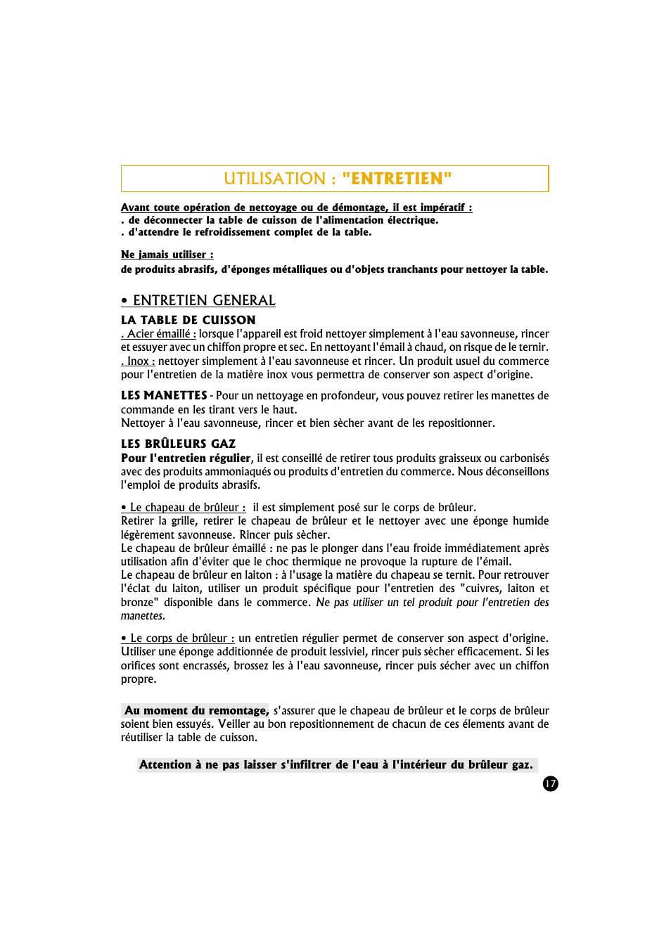 Utilisation : "entretien | Candy TR 40 RUV User Manual | Page 17 / 56