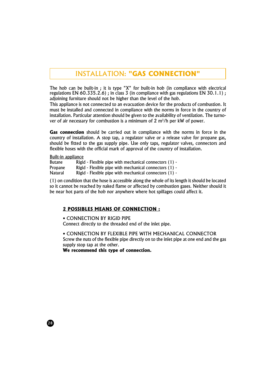 Installation: "gas connection | Candy TR 40 RUV User Manual | Page 28 / 56