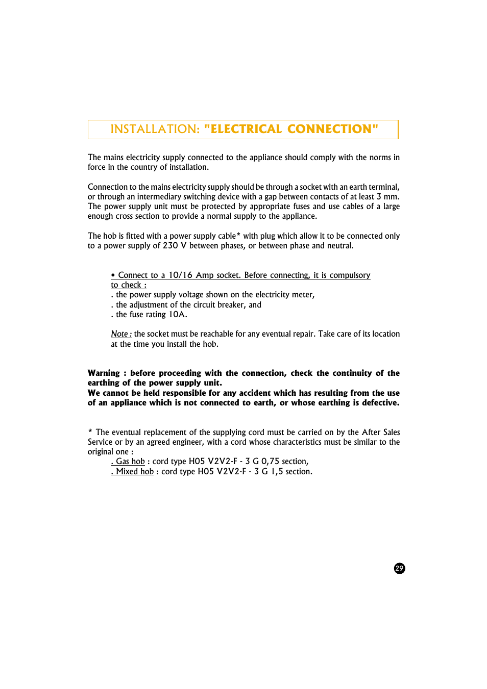 Installation:"electrical connection | Candy TR 40 RUV User Manual | Page 29 / 56