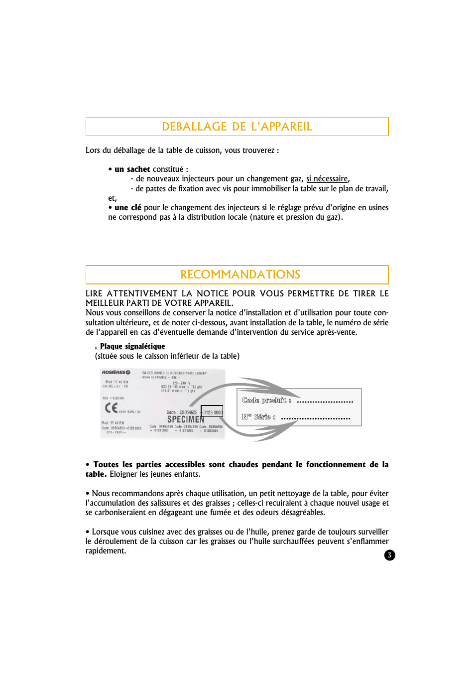 Deballage de l'appareil, Recommandations | Candy TR 40 RUV User Manual | Page 3 / 56