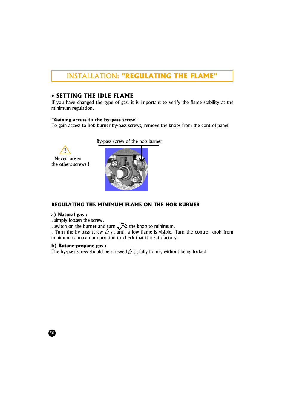 Installation: "regulating the flame | Candy TR 40 RUV User Manual | Page 30 / 56