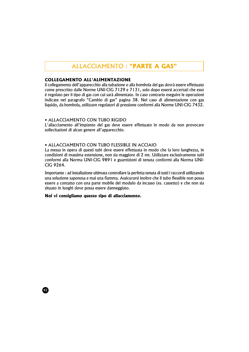 Allacciamento : "parte a gas | Candy TR 40 RUV User Manual | Page 42 / 56