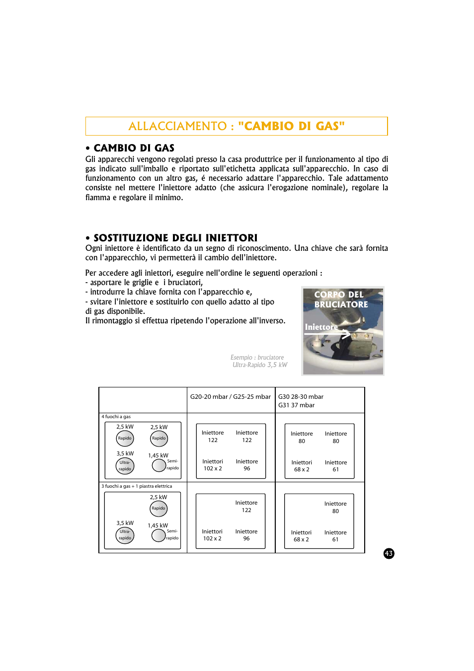 Allacciamento : "cambio di gas, Cambio di gas, Sostituzione degli iniettori | Iniettore corpo del bruciatore | Candy TR 40 RUV User Manual | Page 43 / 56