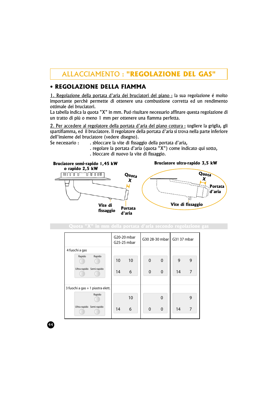 Allacciamento : "regolazione del gas, Regolazione della fiamma | Candy TR 40 RUV User Manual | Page 44 / 56