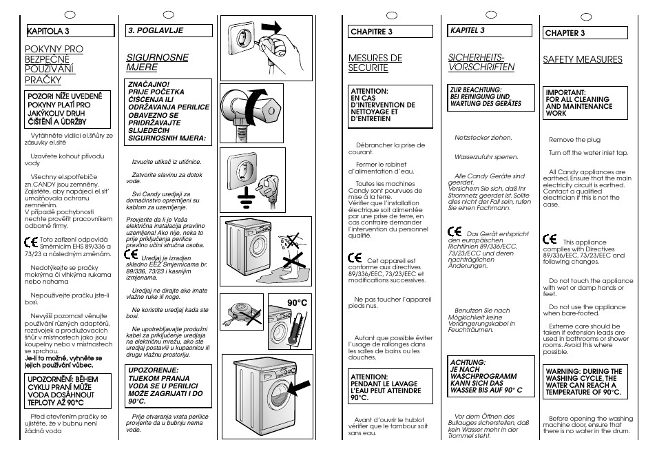 Mesures de securite, Safety measures, Sicherheits- vorschriften | Pokyny pro bezpeöné pouïívání praöky, Sigurnosne mjere | Candy CG 473 User Manual | Page 6 / 33