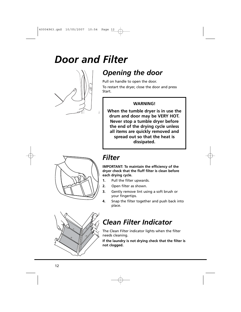 Door and filter, Opening the door, Filter | Clean filter indicator | Candy GO C 218-80 User Manual | Page 12 / 20
