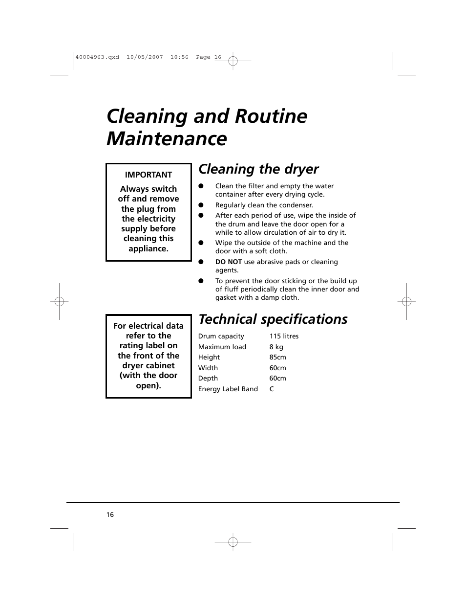 Cleaning and routine maintenance, Cleaning the dryer, Technical specifications | Candy GO C 218-80 User Manual | Page 16 / 20