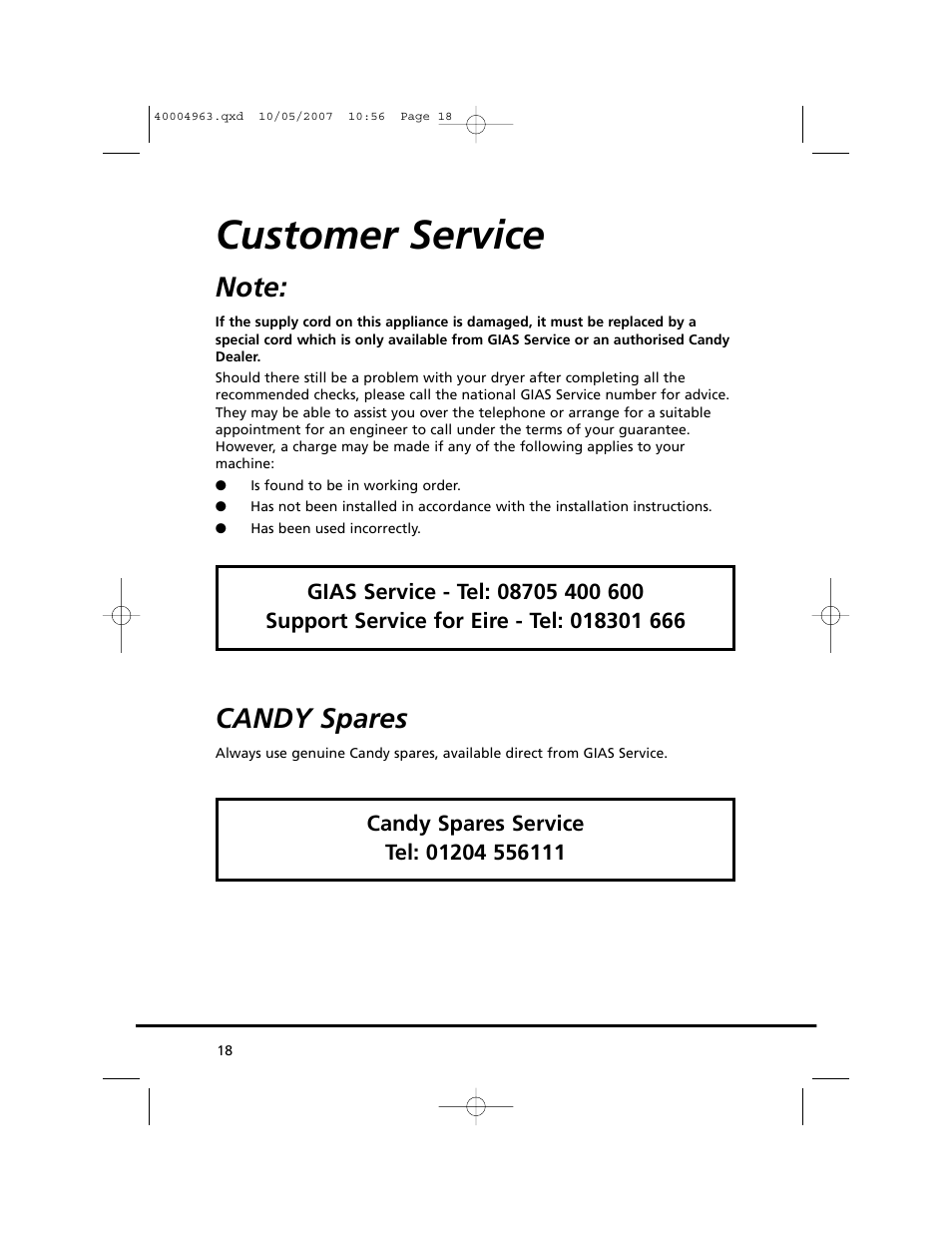 Customer service, Candy spares | Candy GO C 218-80 User Manual | Page 18 / 20