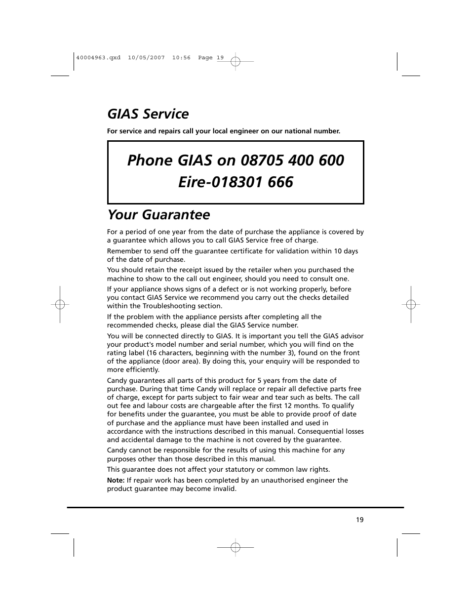 Gias service, Your guarantee | Candy GO C 218-80 User Manual | Page 19 / 20