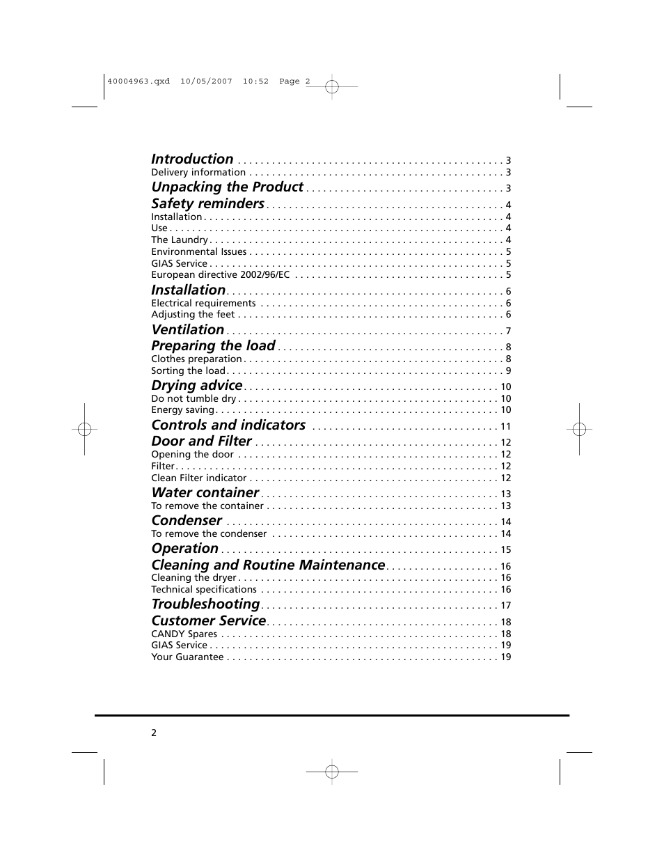 Introduction, Unpacking the product, Safety reminders | Installation, Ventilation, Preparing the load, Drying advice, Controls and indicators, Door and filter, Water container | Candy GO C 218-80 User Manual | Page 2 / 20