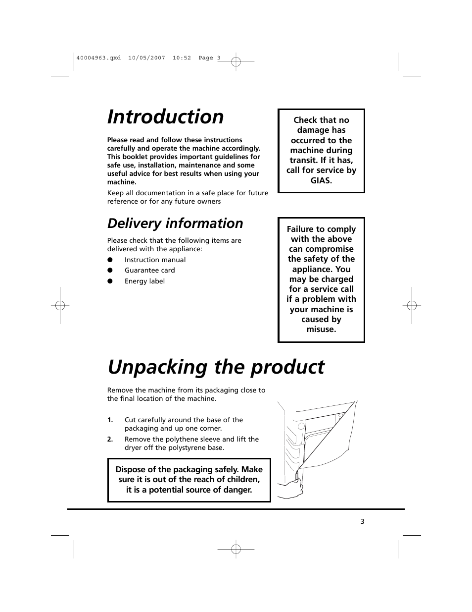 Introduction, Unpacking the product, Delivery information | Candy GO C 218-80 User Manual | Page 3 / 20