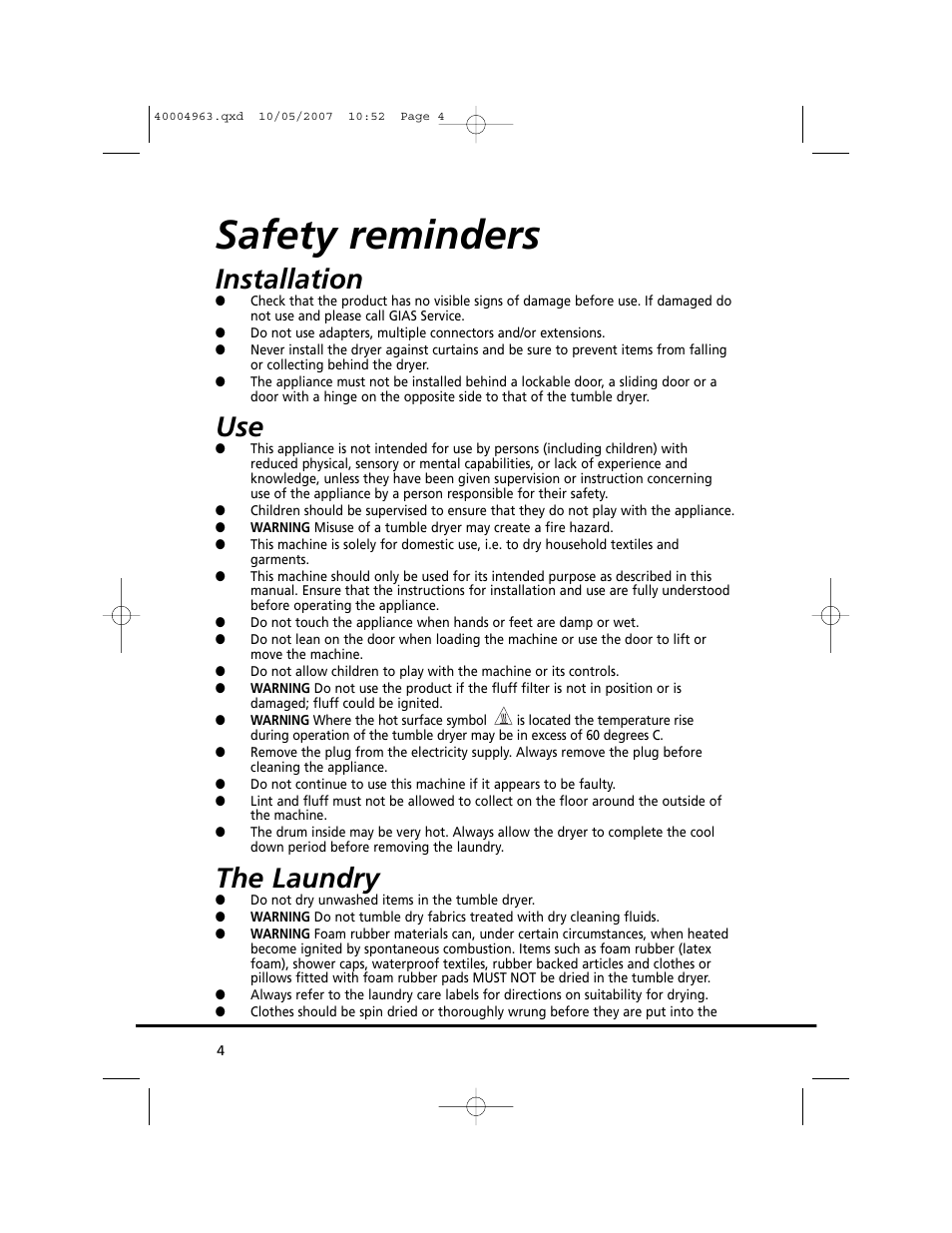 Safety reminders, Installation, The laundry | Candy GO C 218-80 User Manual | Page 4 / 20