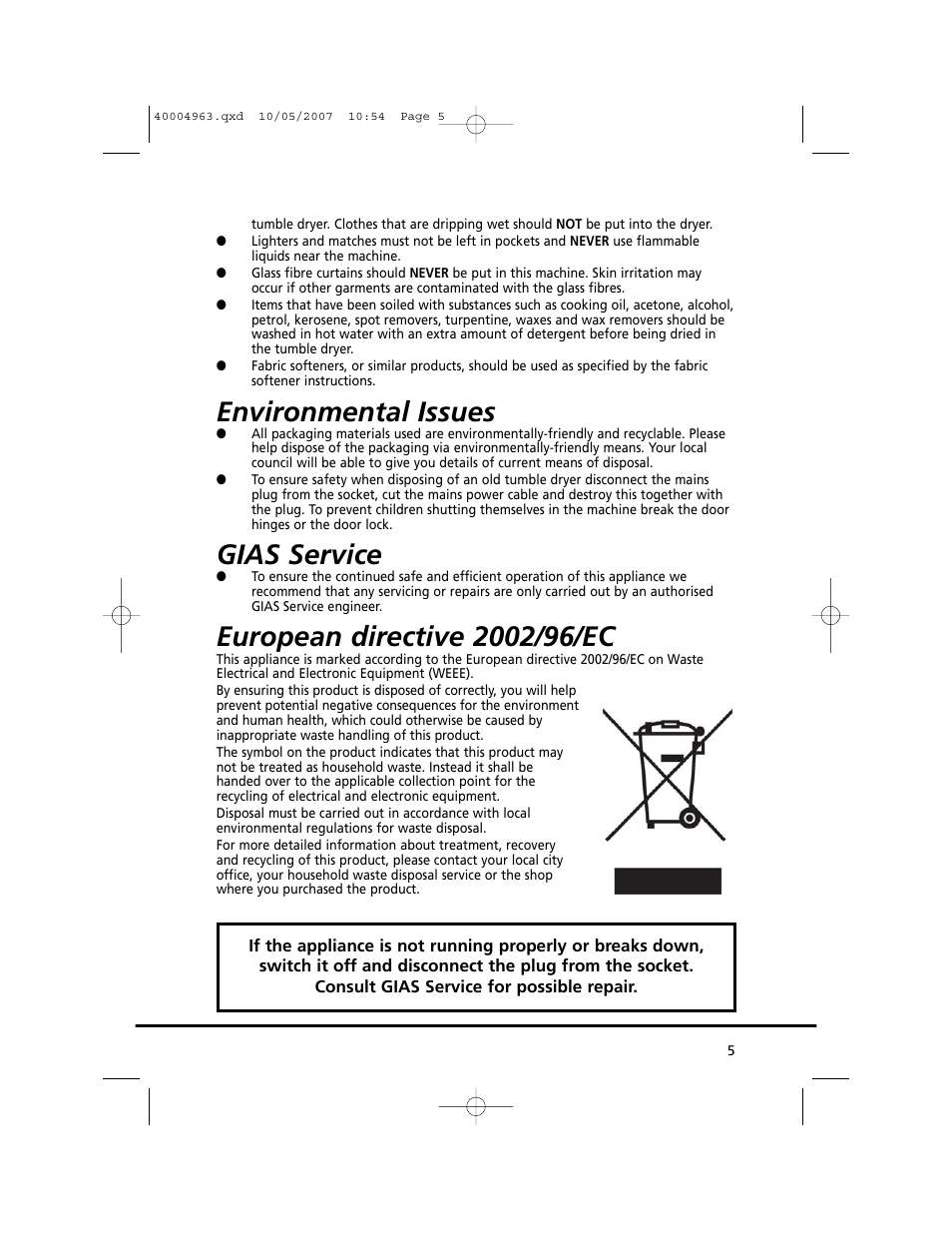 Environmental issues, Gias service | Candy GO C 218-80 User Manual | Page 5 / 20