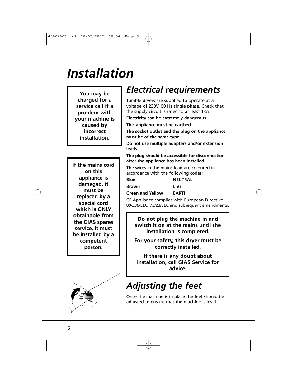 Installation, Electrical requirements, Adjusting the feet | Candy GO C 218-80 User Manual | Page 6 / 20