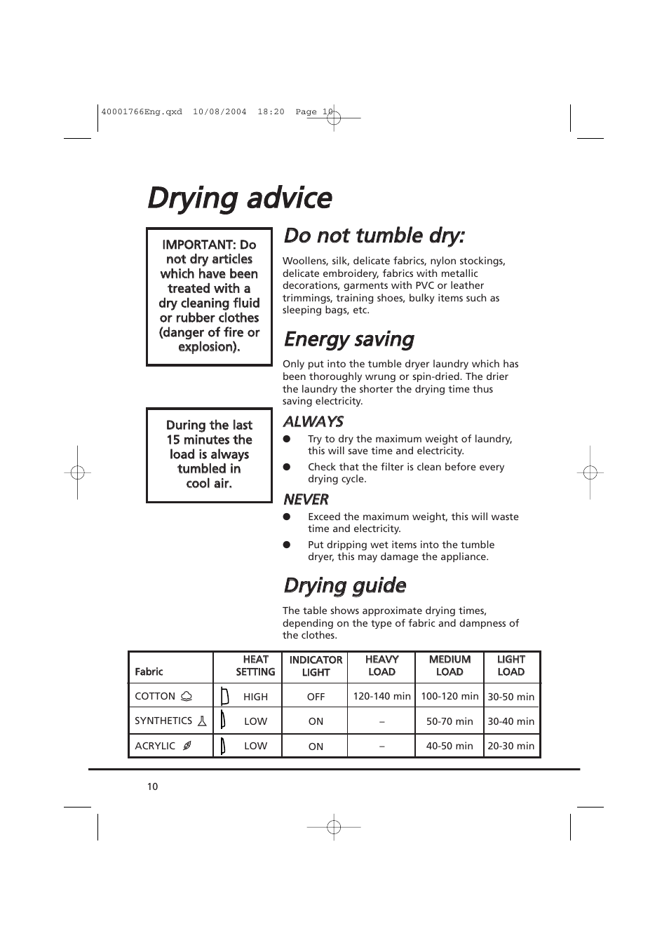 Ddrry yiin ng g a ad dv viicce e, Ddo o n no ott ttu um mb blle e d drry y, Een ne errg gy y ssa av viin ng g | Ddrry yiin ng g g gu uiid de e | Candy AB CDV 660 - 37 User Manual | Page 10 / 36