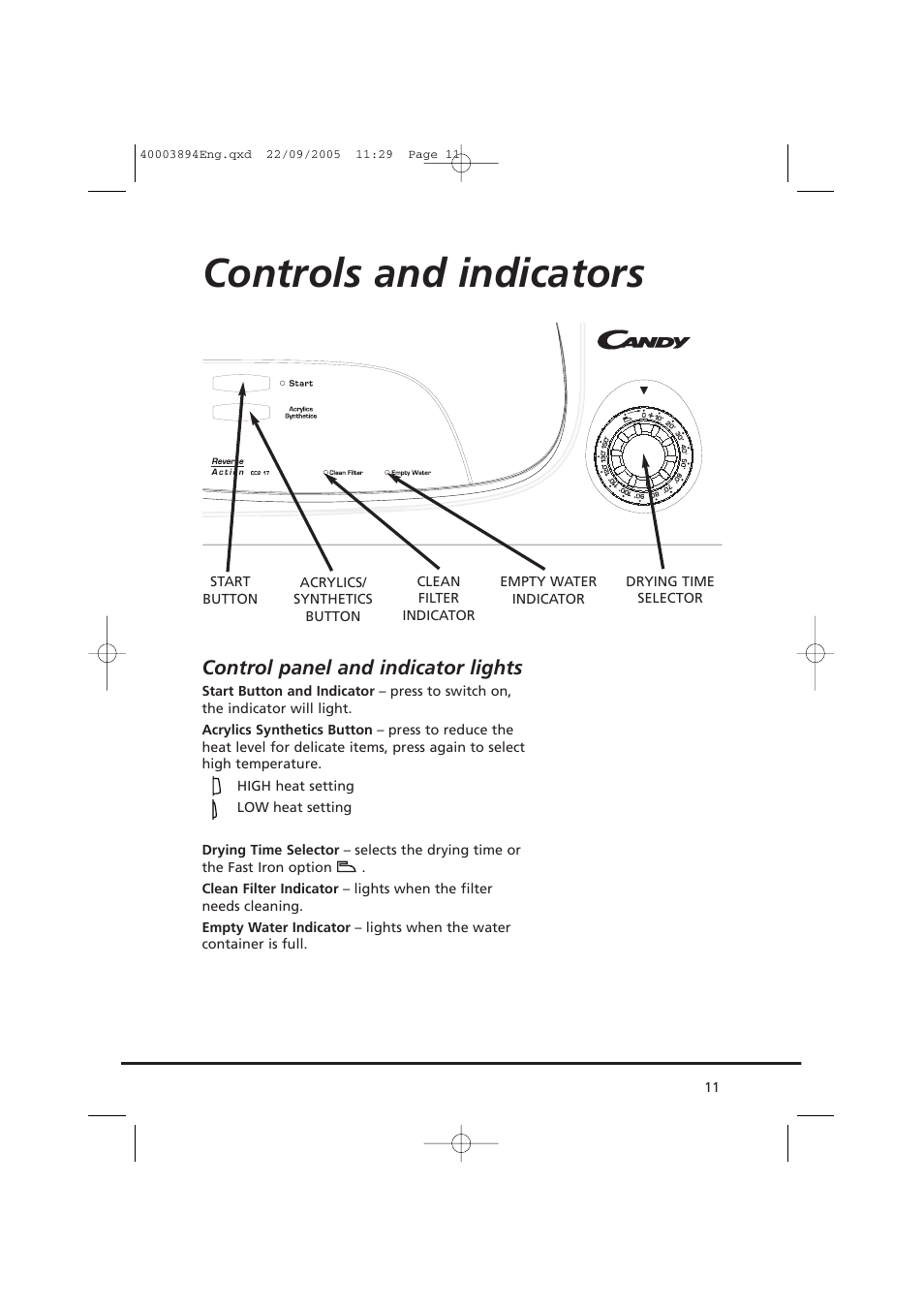Controls and indicators, Control panel and indicator lights | Candy CC2 17-80 User Manual | Page 11 / 20