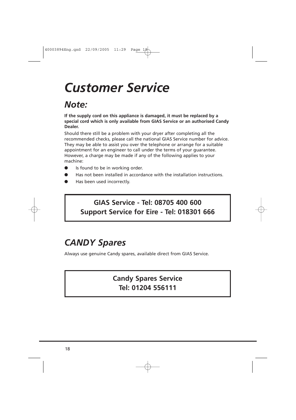 Customer service, Candy spares | Candy CC2 17-80 User Manual | Page 18 / 20