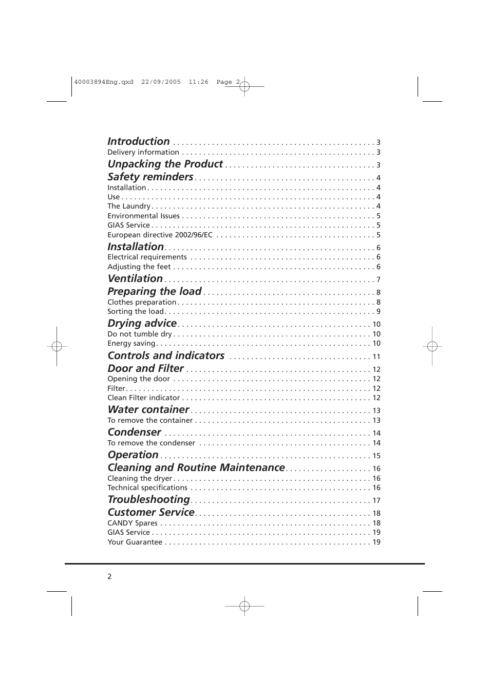 Introduction, Unpacking the product, Safety reminders | Installation, Ventilation, Preparing the load, Drying advice, Controls and indicators, Door and filter, Water container | Candy CC2 17-80 User Manual | Page 2 / 20