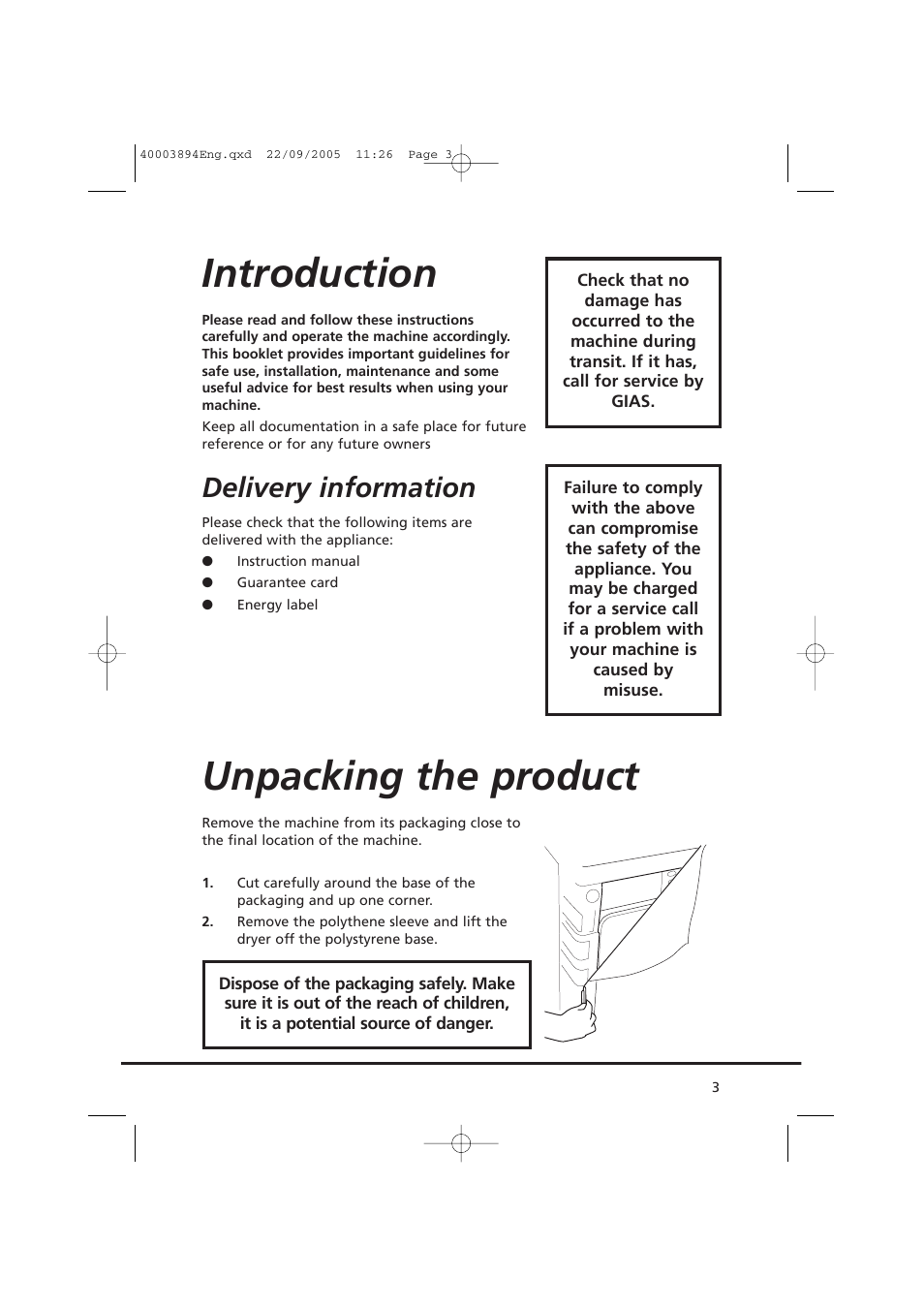 Introduction, Unpacking the product, Delivery information | Candy CC2 17-80 User Manual | Page 3 / 20