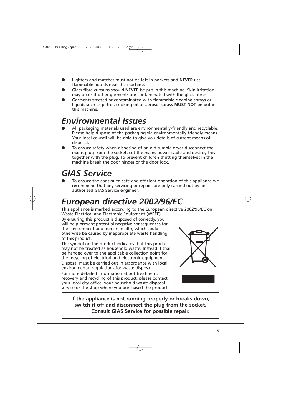 Environmental issues, Gias service | Candy CC2 17-80 User Manual | Page 5 / 20