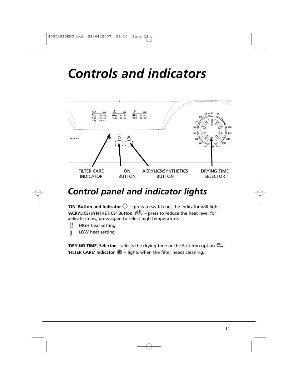 Controls and indicators, Control panel and indicator lights | Candy GO DV18 - 12S User Manual | Page 11 / 34