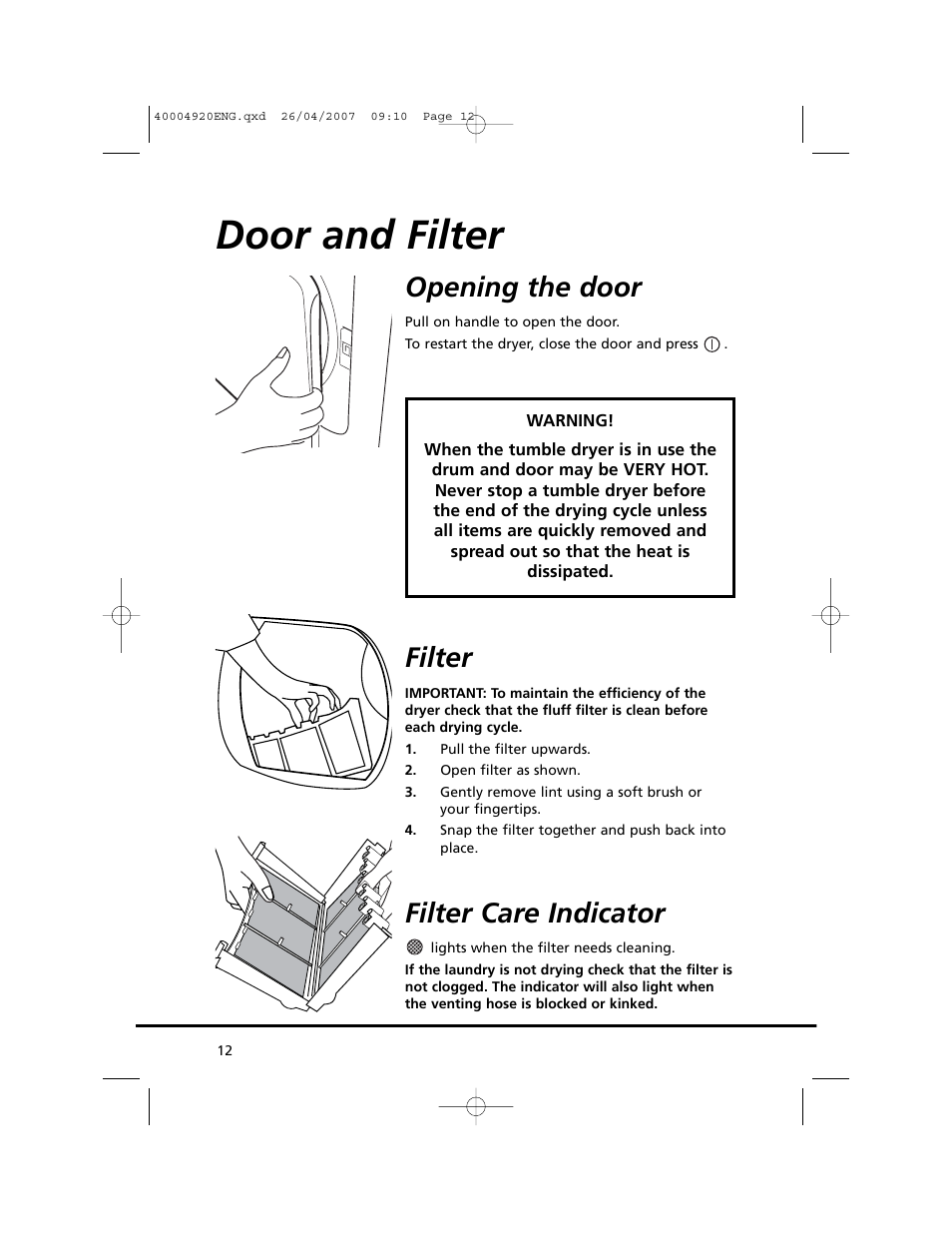 Door and filter, Opening the door, Filter | Filter care indicator | Candy GO DV18 - 12S User Manual | Page 12 / 34