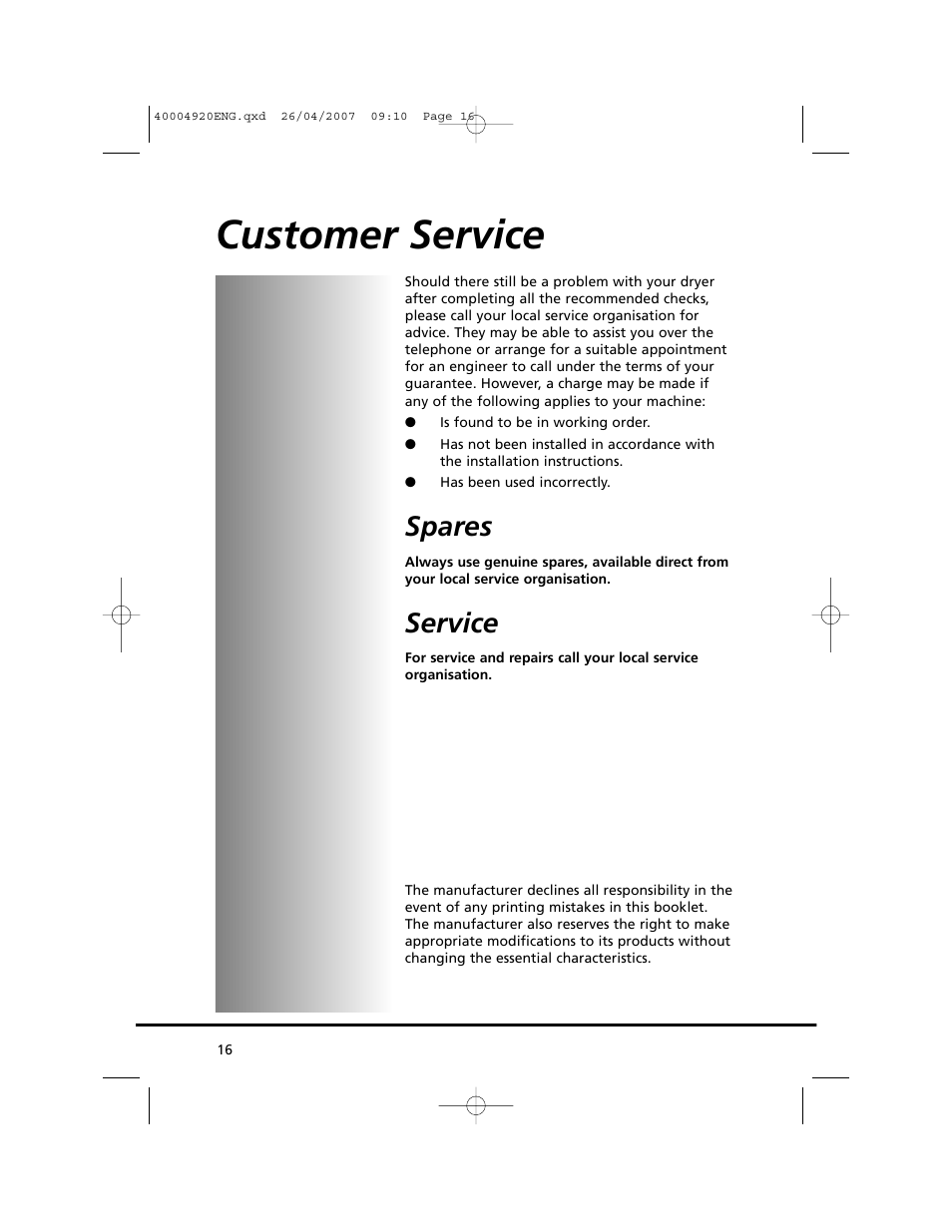 Customer service, Spares, Service | Candy GO DV18 - 12S User Manual | Page 16 / 34
