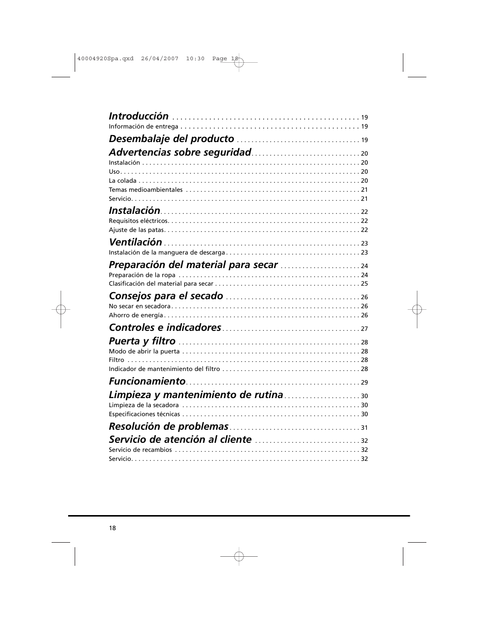 Introducción, Desembalaje del producto, Advertencias sobre seguridad | Instalación, Ventilación, Preparación del material para secar, Consejos para el secado, Controles e indicadores, Puerta y filtro, Funcionamiento | Candy GO DV18 - 12S User Manual | Page 18 / 34