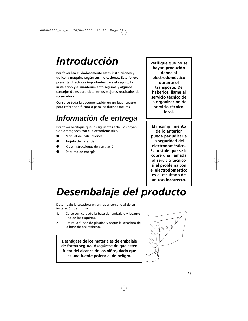 Introducción, Desembalaje del producto, Información de entrega | Candy GO DV18 - 12S User Manual | Page 19 / 34
