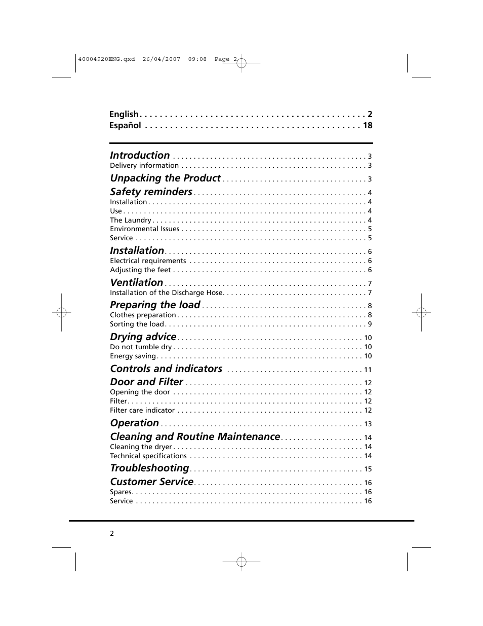 Introduction, Unpacking the product, Safety reminders | Installation, Ventilation, Preparing the load, Drying advice, Controls and indicators, Door and filter, Operation | Candy GO DV18 - 12S User Manual | Page 2 / 34