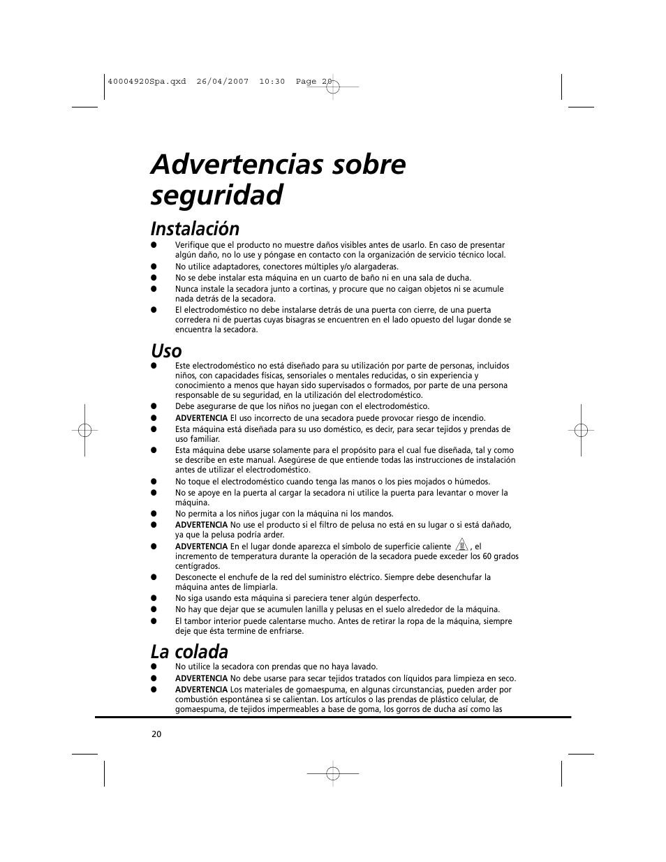 Advertencias sobre seguridad, Instalación, La colada | Candy GO DV18 - 12S User Manual | Page 20 / 34