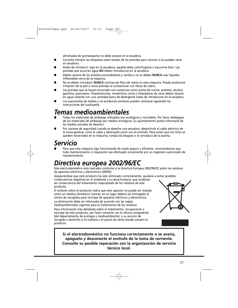 Temas medioambientales, Servicio | Candy GO DV18 - 12S User Manual | Page 21 / 34