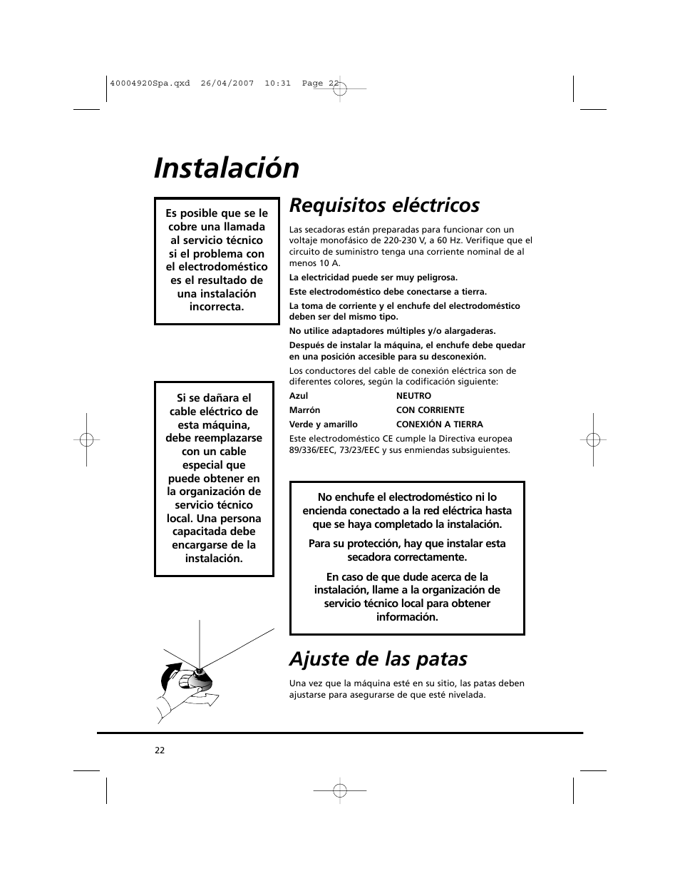 Instalación, Requisitos eléctricos, Ajuste de las patas | Candy GO DV18 - 12S User Manual | Page 22 / 34