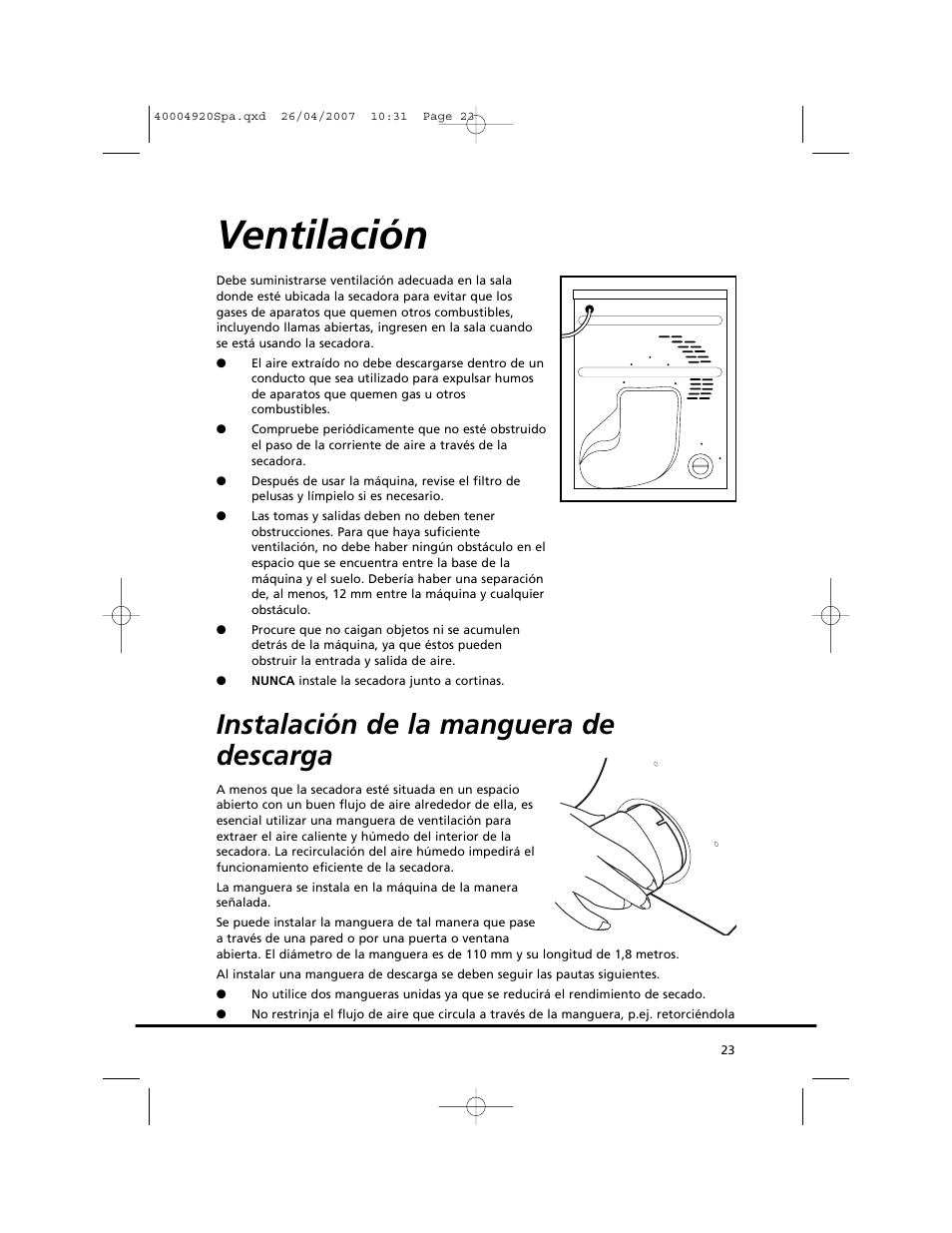 Ventilación, Instalación de la manguera de descarga | Candy GO DV18 - 12S User Manual | Page 23 / 34