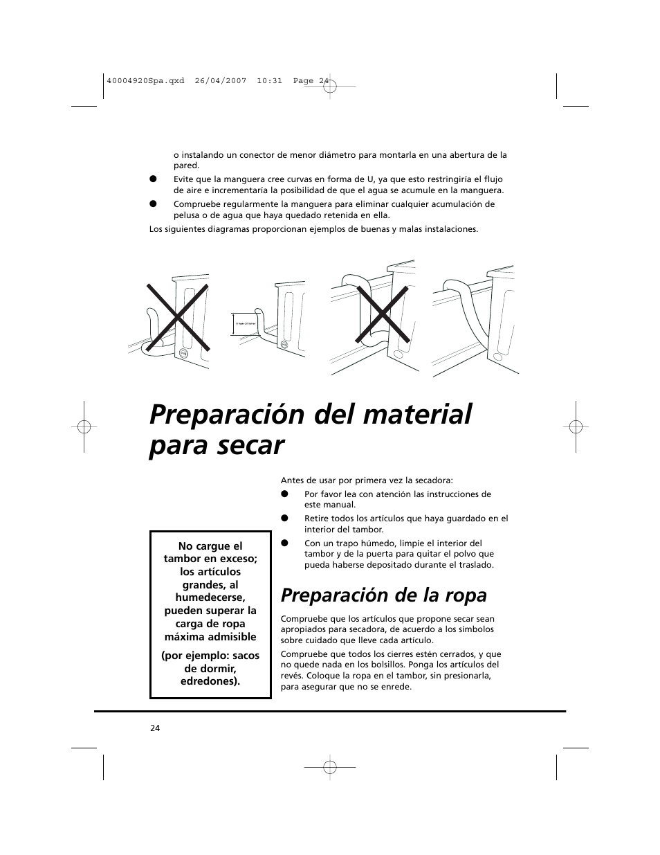 Preparación del material para secar, Preparación de la ropa | Candy GO DV18 - 12S User Manual | Page 24 / 34