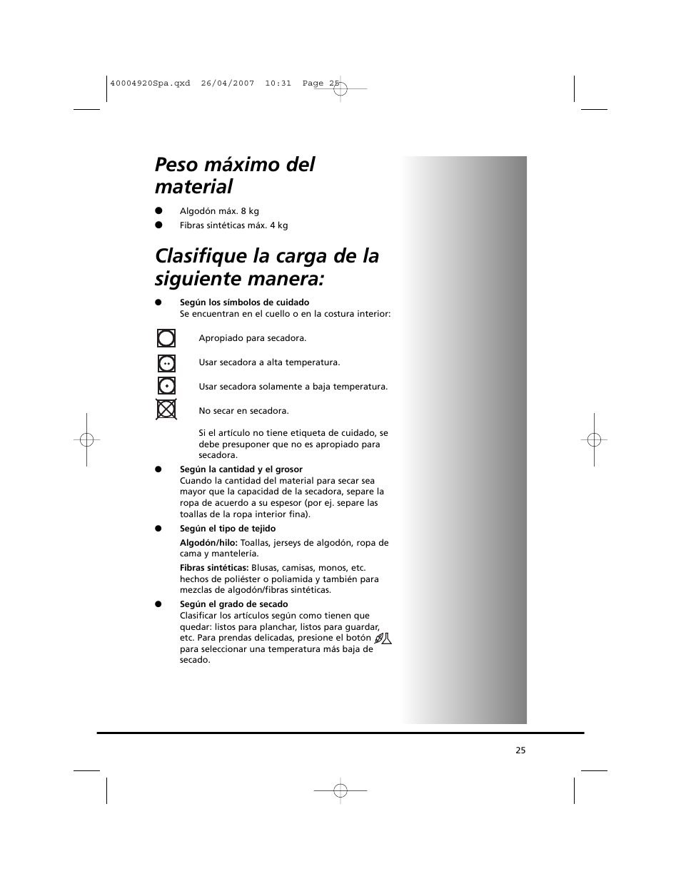 Peso máximo del material, Clasifique la carga de la siguiente manera | Candy GO DV18 - 12S User Manual | Page 25 / 34