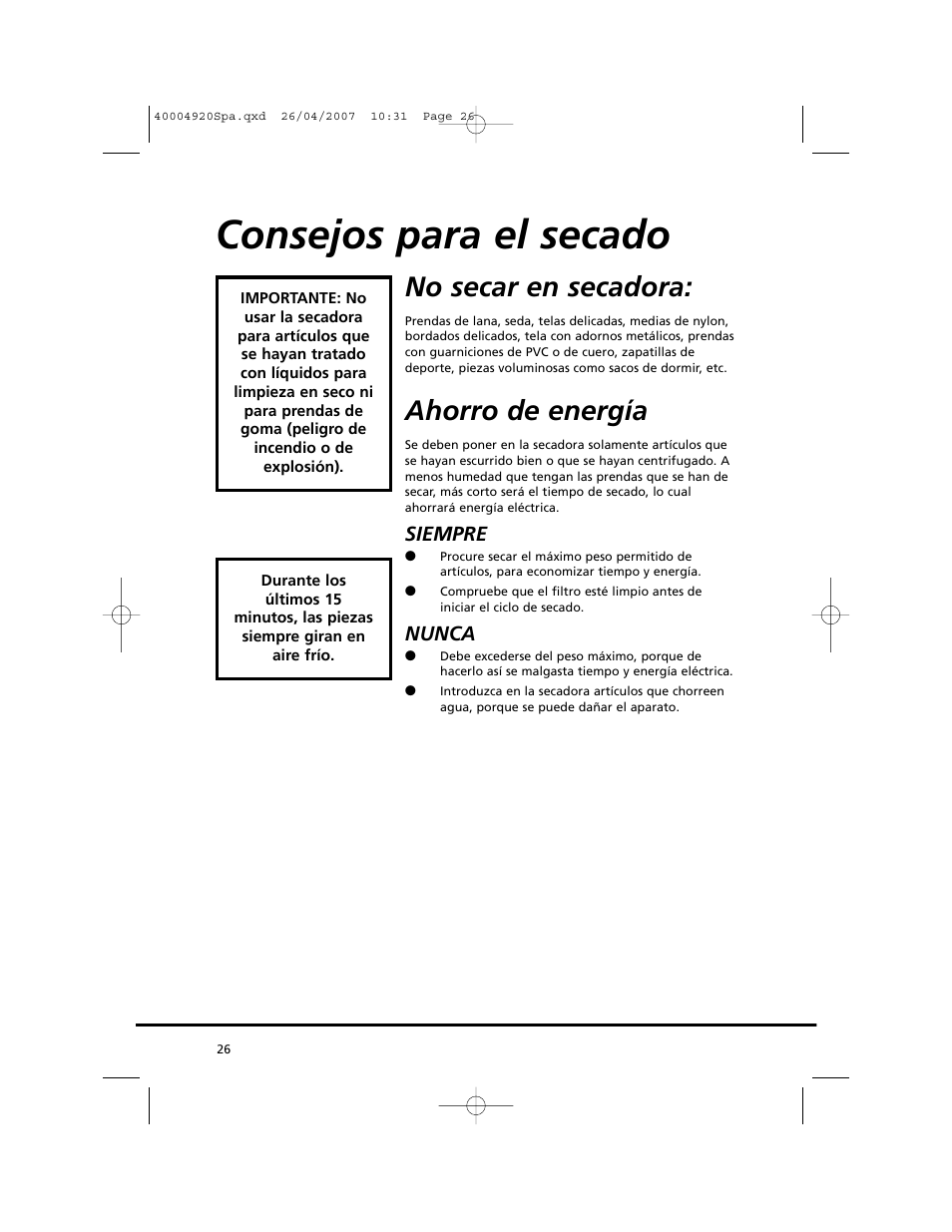 Consejos para el secado, No secar en secadora, Ahorro de energía | Siempre, Nunca | Candy GO DV18 - 12S User Manual | Page 26 / 34