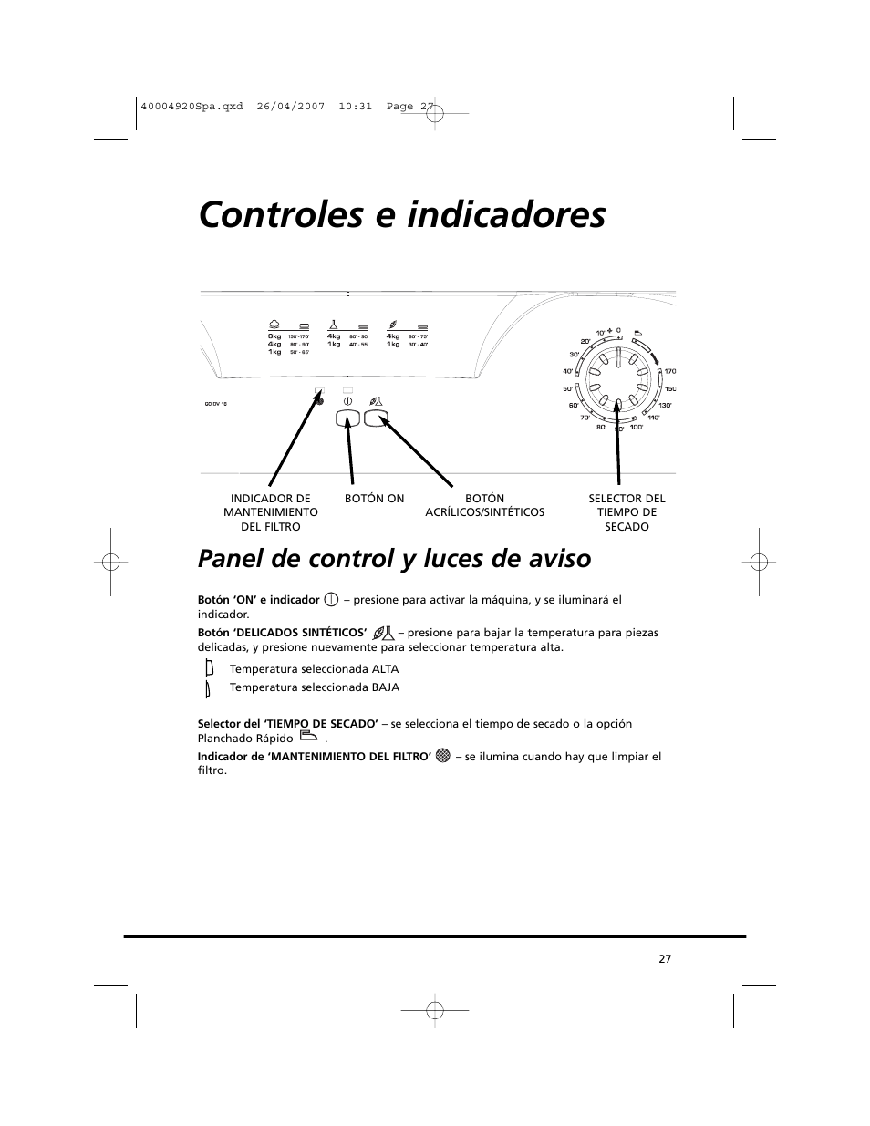Controles e indicadores, Panel de control y luces de aviso | Candy GO DV18 - 12S User Manual | Page 27 / 34