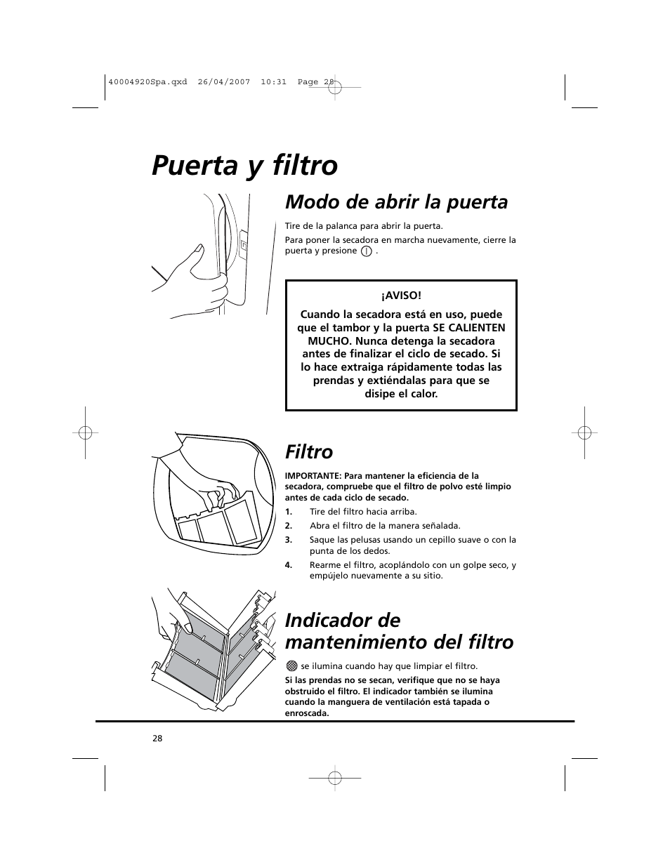 Puerta y filtro, Modo de abrir la puerta, Filtro | Indicador de mantenimiento del filtro | Candy GO DV18 - 12S User Manual | Page 28 / 34