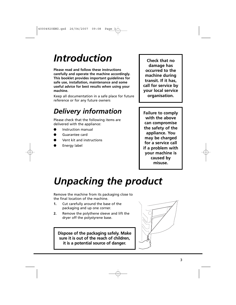 Introduction, Unpacking the product, Delivery information | Candy GO DV18 - 12S User Manual | Page 3 / 34