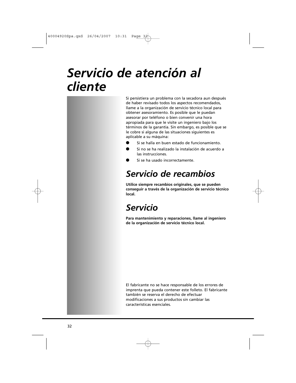 Servicio de atención al cliente, Servicio de recambios, Servicio | Candy GO DV18 - 12S User Manual | Page 32 / 34