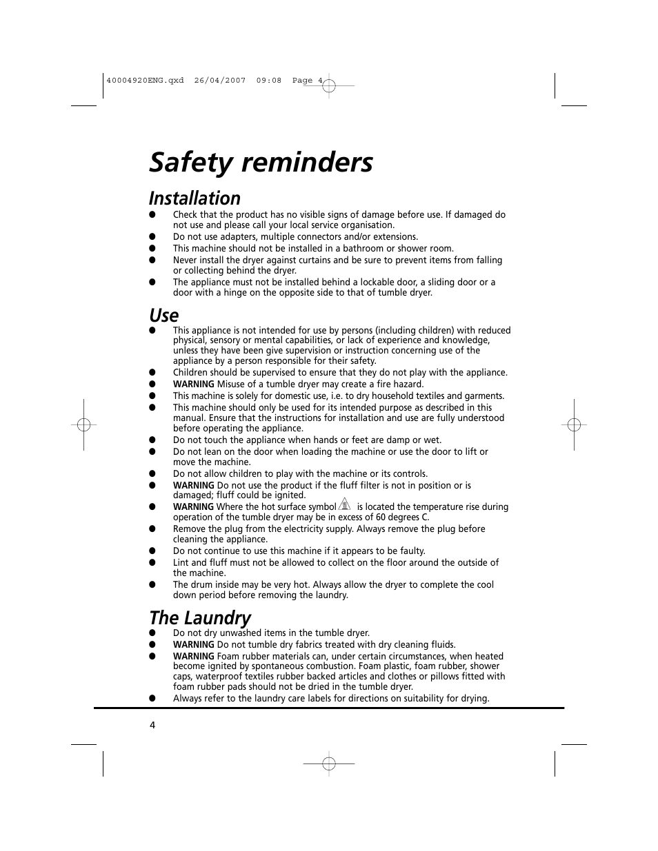 Safety reminders, Installation, The laundry | Candy GO DV18 - 12S User Manual | Page 4 / 34