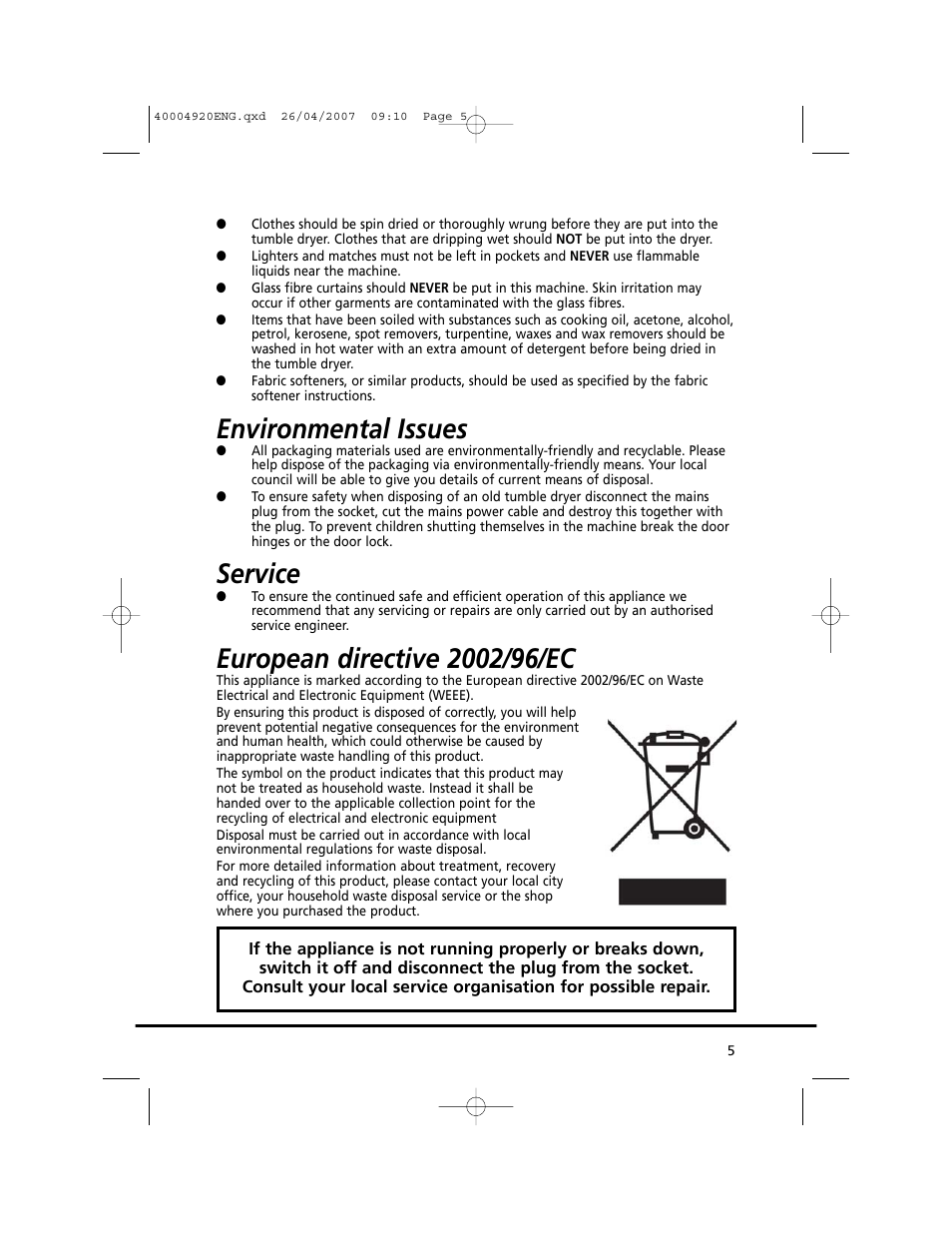 Environmental issues, Service | Candy GO DV18 - 12S User Manual | Page 5 / 34