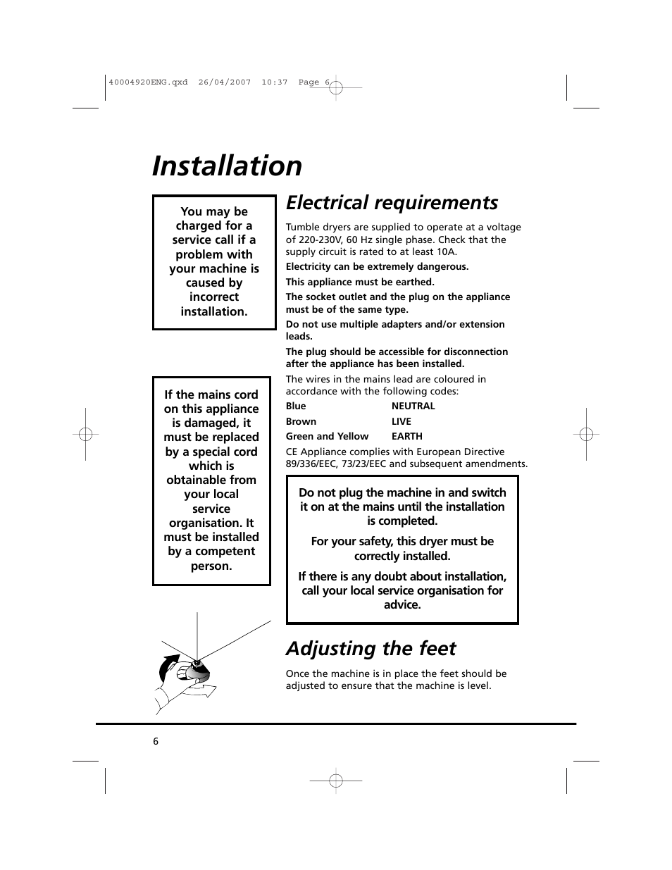 Installation, Electrical requirements, Adjusting the feet | Candy GO DV18 - 12S User Manual | Page 6 / 34