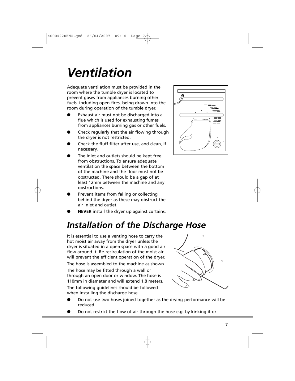 Ventilation, Installation of the discharge hose | Candy GO DV18 - 12S User Manual | Page 7 / 34