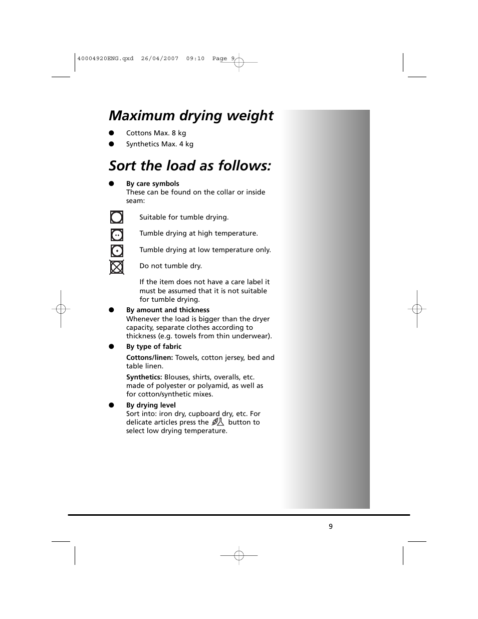 Maximum drying weight, Sort the load as follows | Candy GO DV18 - 12S User Manual | Page 9 / 34